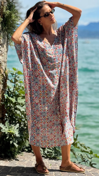 Caftano in Cotone Indiano Stampato a Mano, Block Print Floreale Rajasthan Multicolore