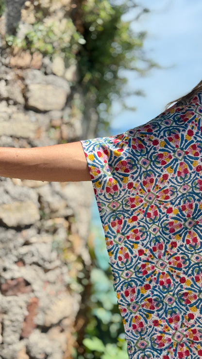 Caftano in Cotone Indiano Stampato a Mano, Block Print Floreale Rajasthan Multicolore