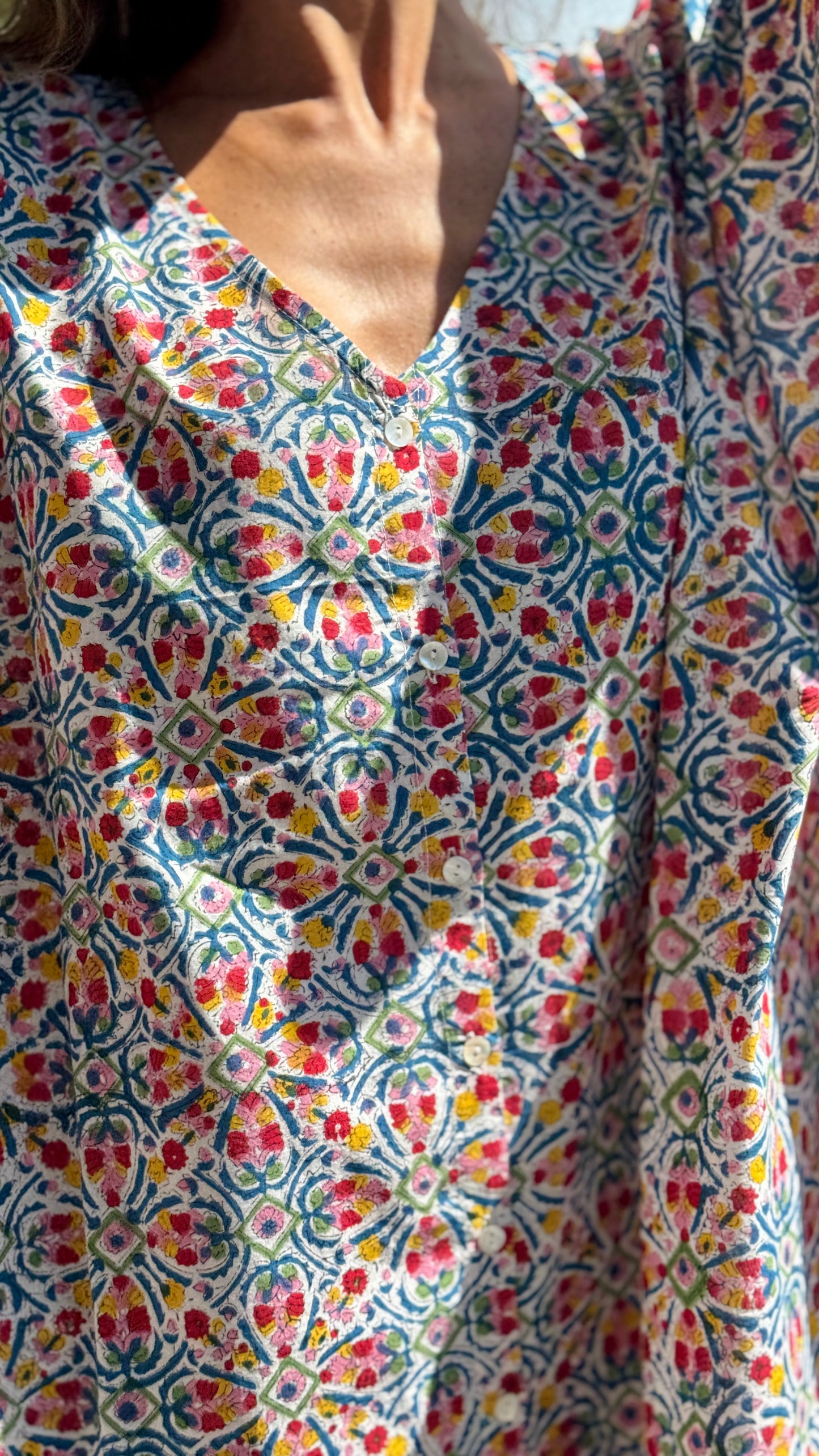 Caftano in Cotone Indiano Stampato a Mano, Block Print Floreale Rajasthan Multicolore