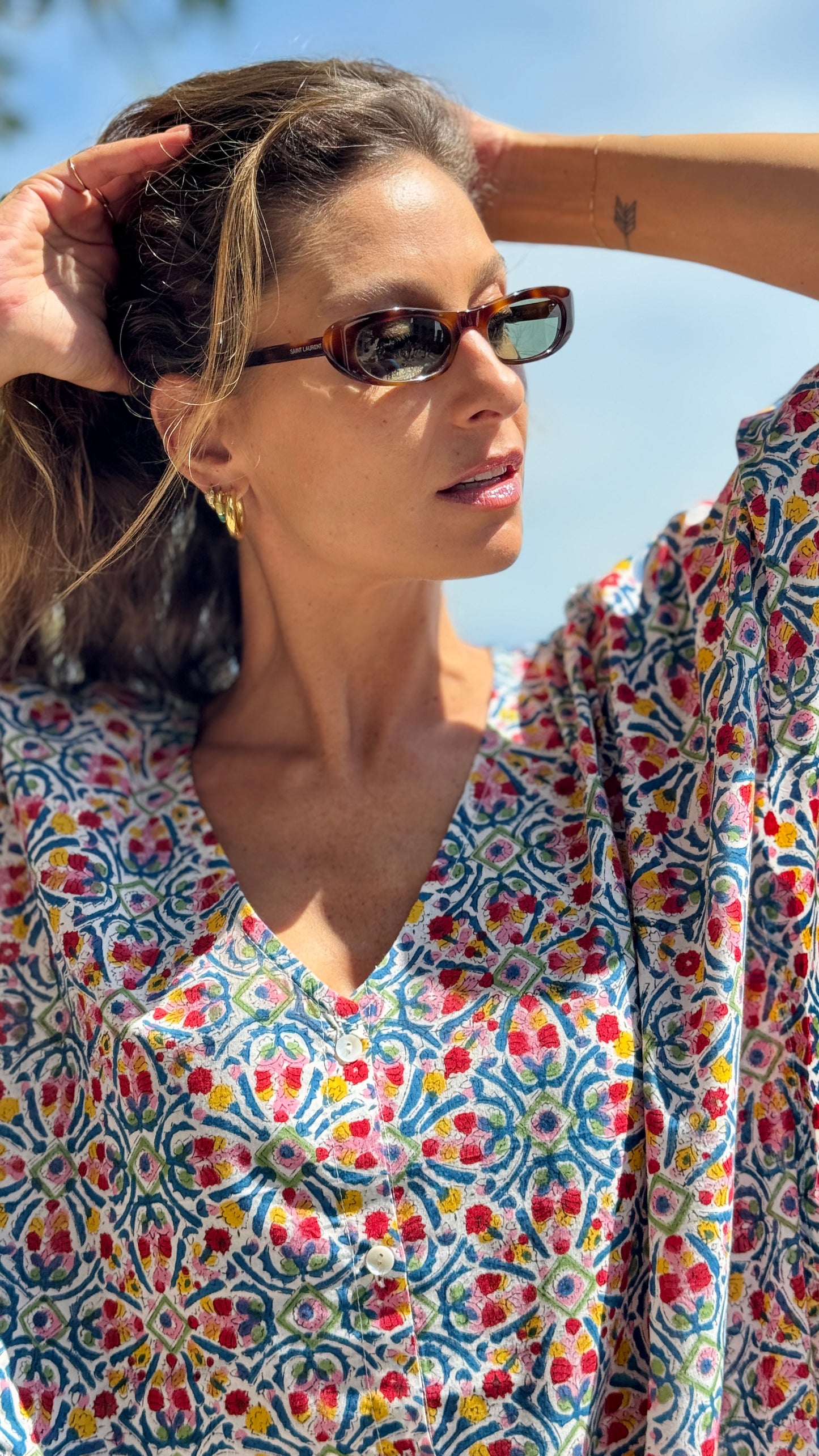 Caftano in Cotone Indiano Stampato a Mano, Block Print Floreale Rajasthan Multicolore