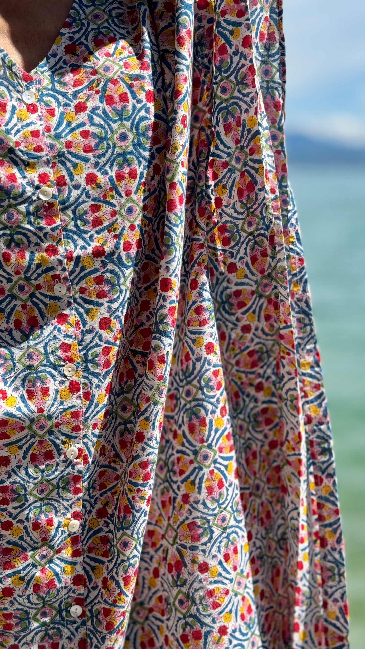 Caftano in Cotone Indiano Stampato a Mano, Block Print Floreale Rajasthan Multicolore