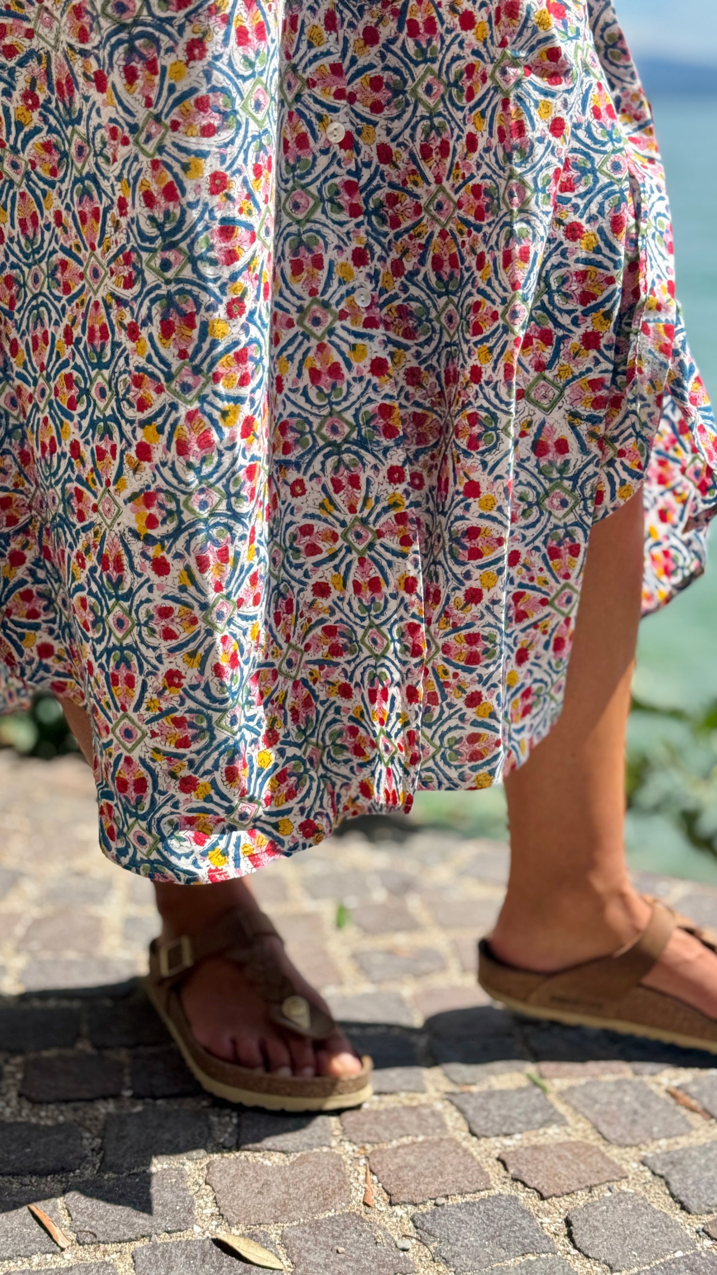 Caftano in Cotone Indiano Stampato a Mano, Block Print Floreale Rajasthan Multicolore