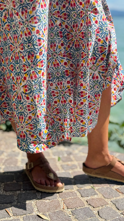 Caftano in Cotone Indiano Stampato a Mano, Block Print Floreale Rajasthan Multicolore