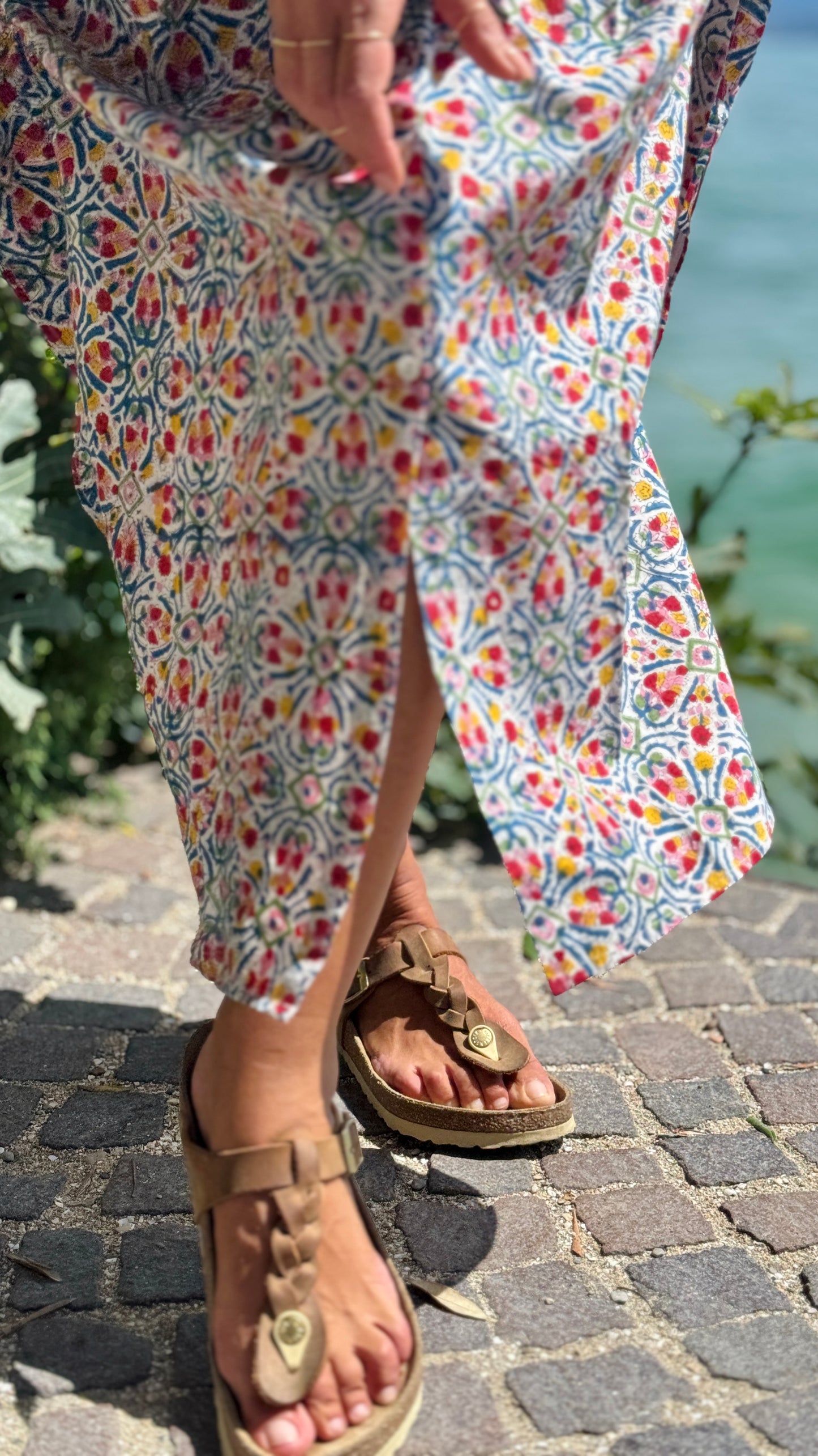 Caftano in Cotone Indiano Stampato a Mano, Block Print Floreale Rajasthan Multicolore