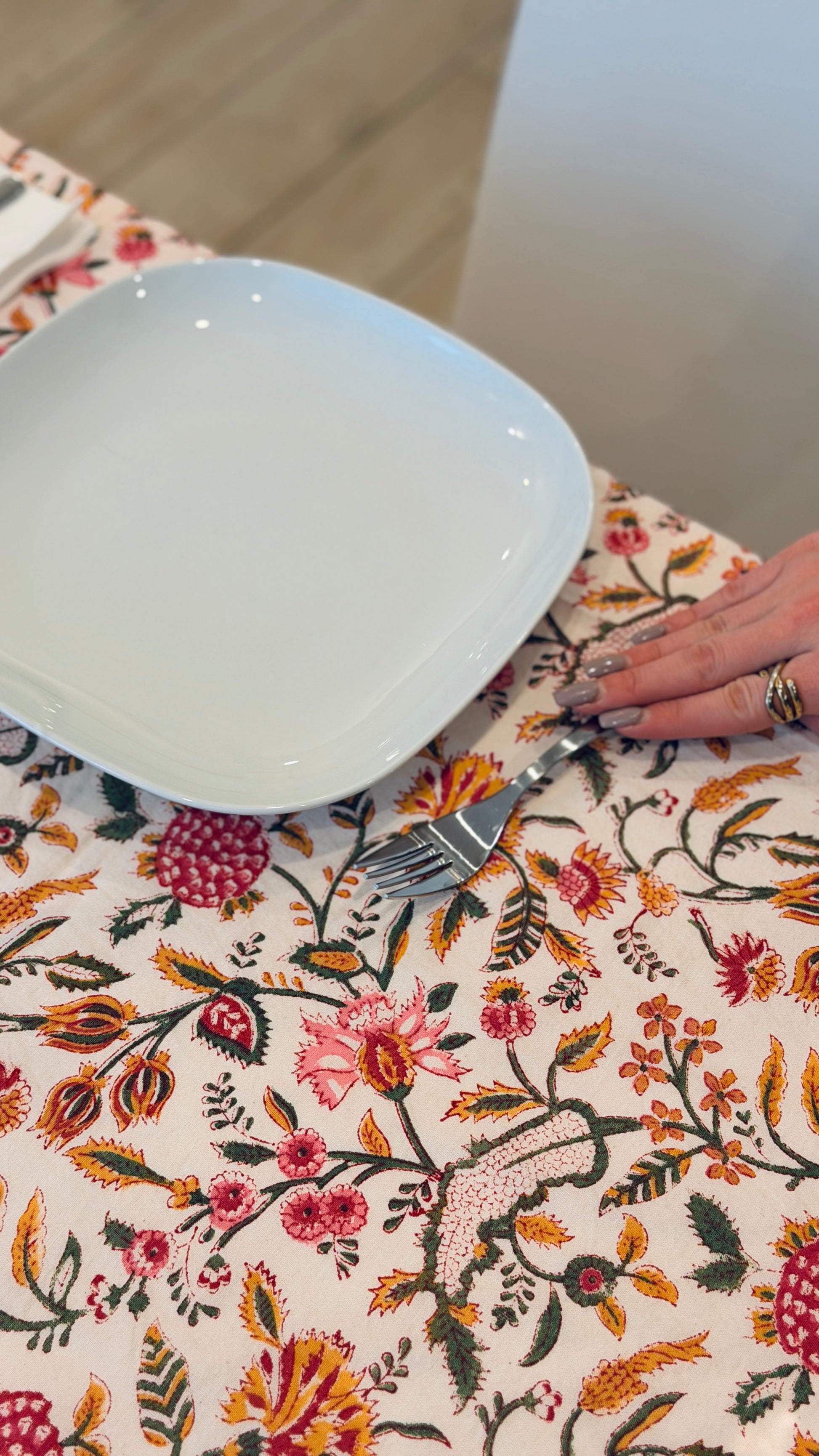 Hand-printed saffron yellow and coral block print cotton tablecloth 150x220cm (60x87 inches): vibrant botanical pattern with multi-layered geometric border.