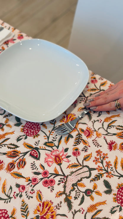 Hand-printed saffron yellow and coral block print cotton tablecloth 150x220cm (60x87 inches): vibrant botanical pattern with multi-layered geometric border.