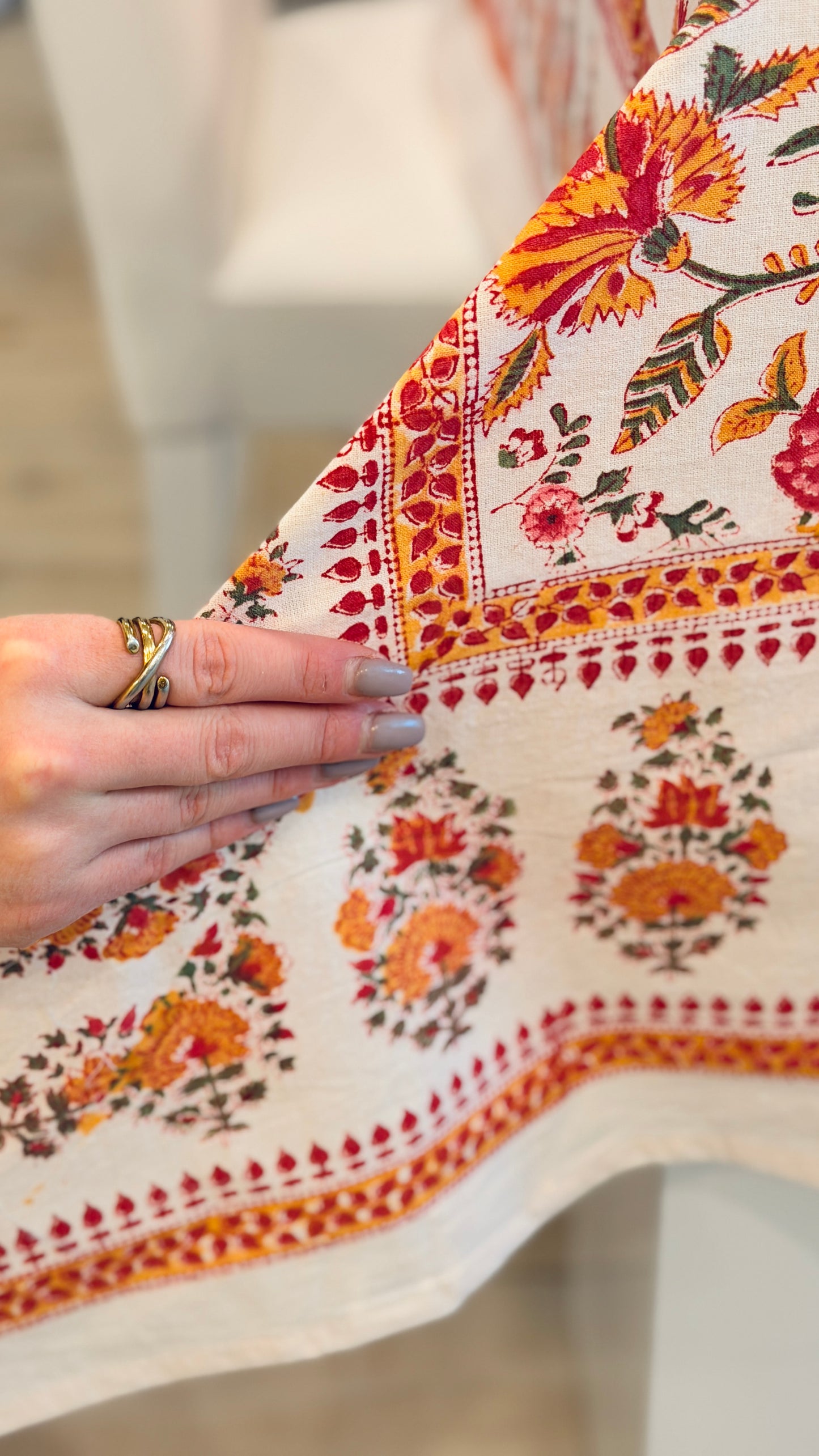 Hand-printed saffron yellow and coral block print cotton tablecloth 150x220cm (60x87 inches): vibrant botanical pattern with multi-layered geometric border.