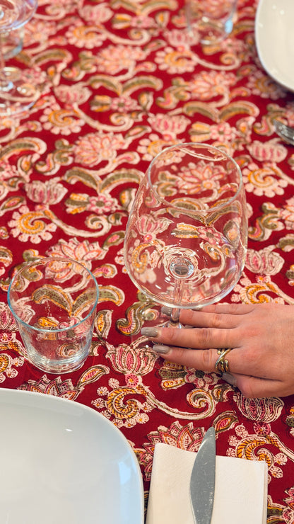 Hand-printed block print cotton tablecloth 150x220cm (60x87 inches): vibrant red botanical and floral pattern with double decorative border.