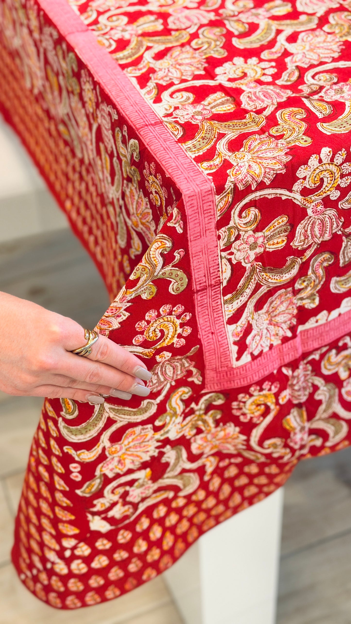 Hand-printed block print cotton tablecloth 150x220cm (60x87 inches): vibrant red botanical and floral pattern with double decorative border.