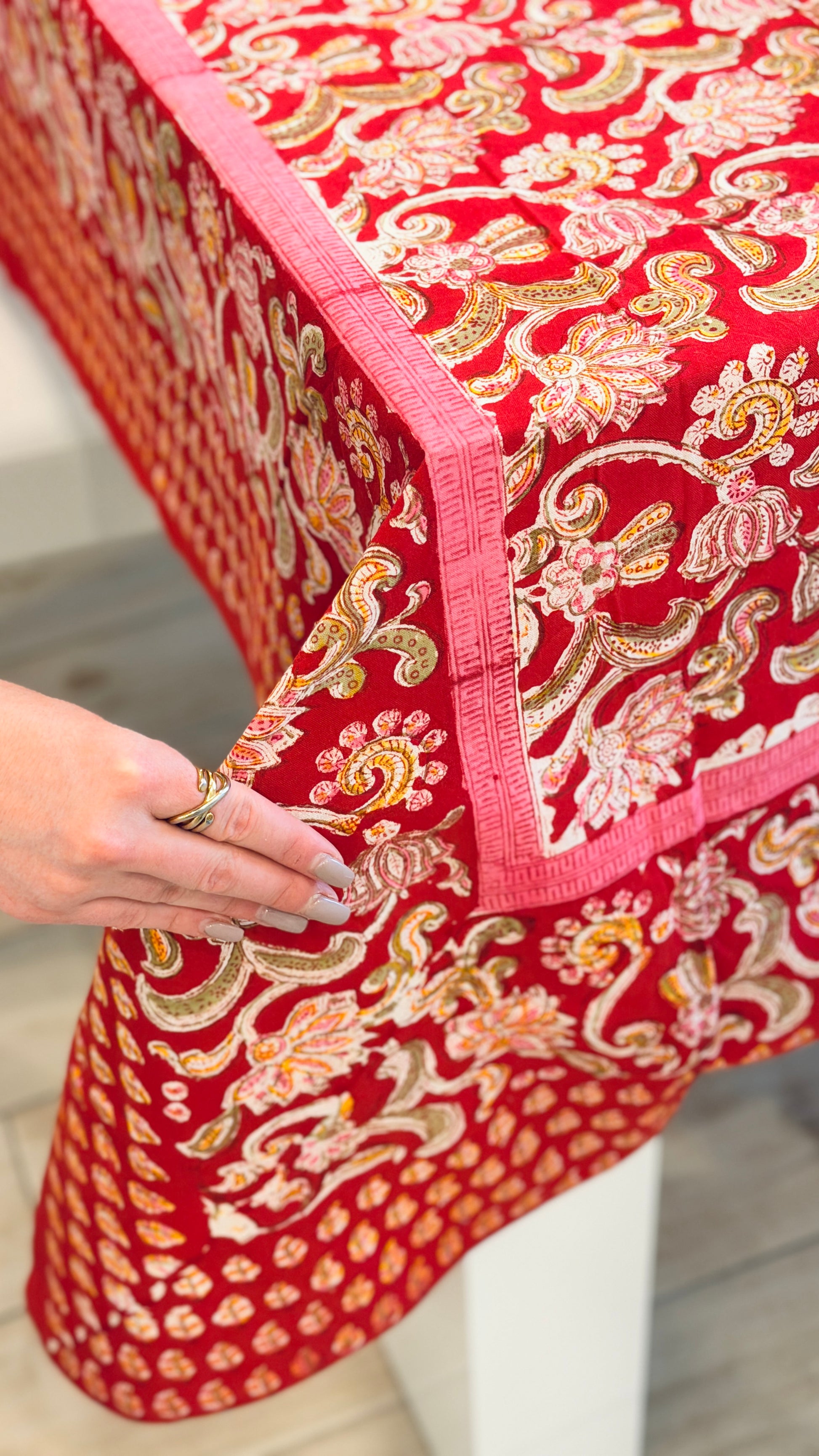 Hand-printed block print cotton tablecloth 150x220cm (60x87 inches): vibrant red botanical and floral pattern with double decorative border.