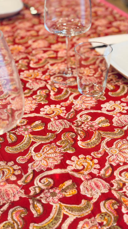Hand-printed block print cotton tablecloth 150x220cm (60x87 inches): vibrant red botanical and floral pattern with double decorative border.