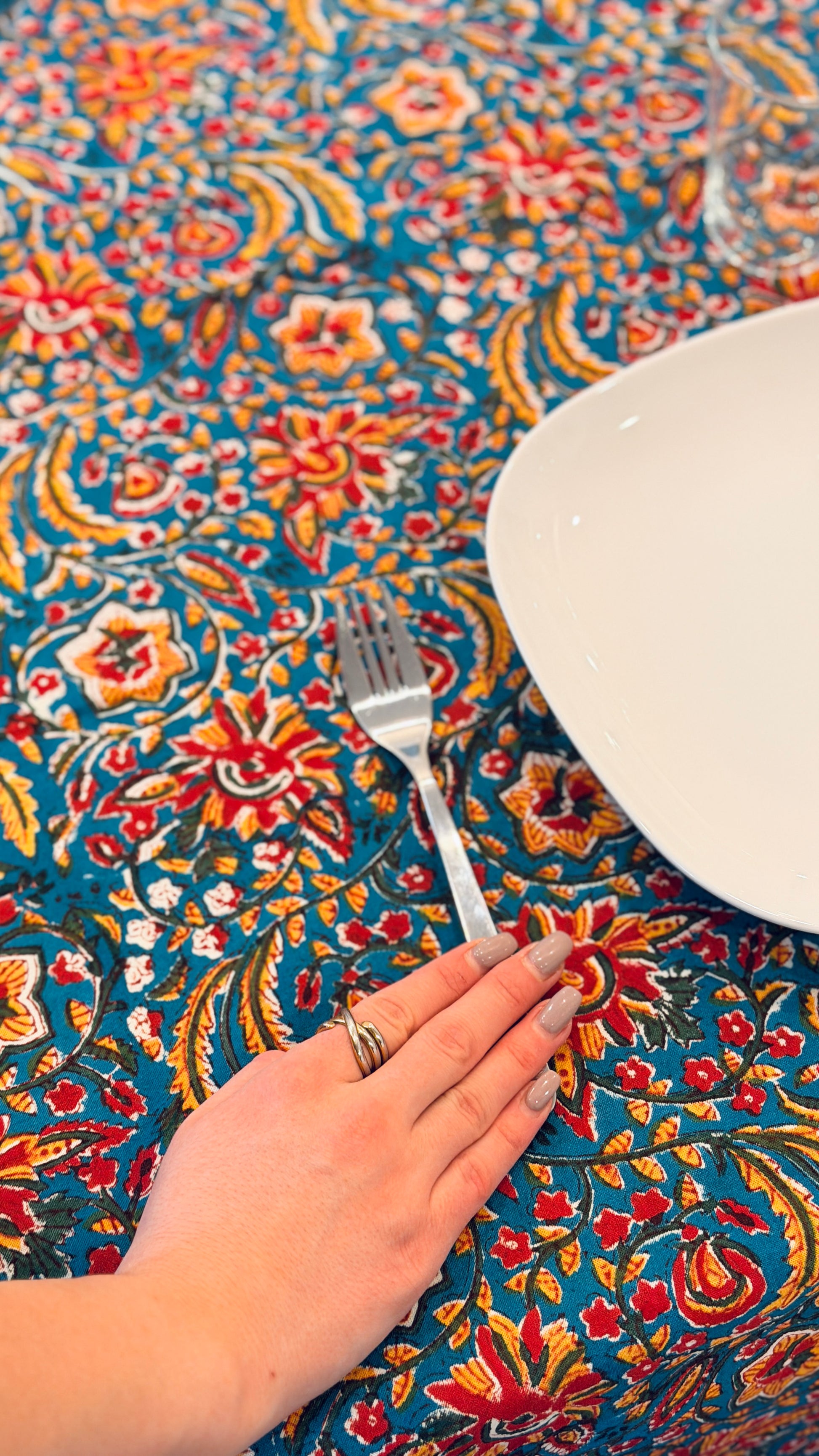 Hand-printed teal blue block print cotton tablecloth 150x220cm (60x87 inches): vibrant floral pattern with multi-layered decorative border and striped trim.