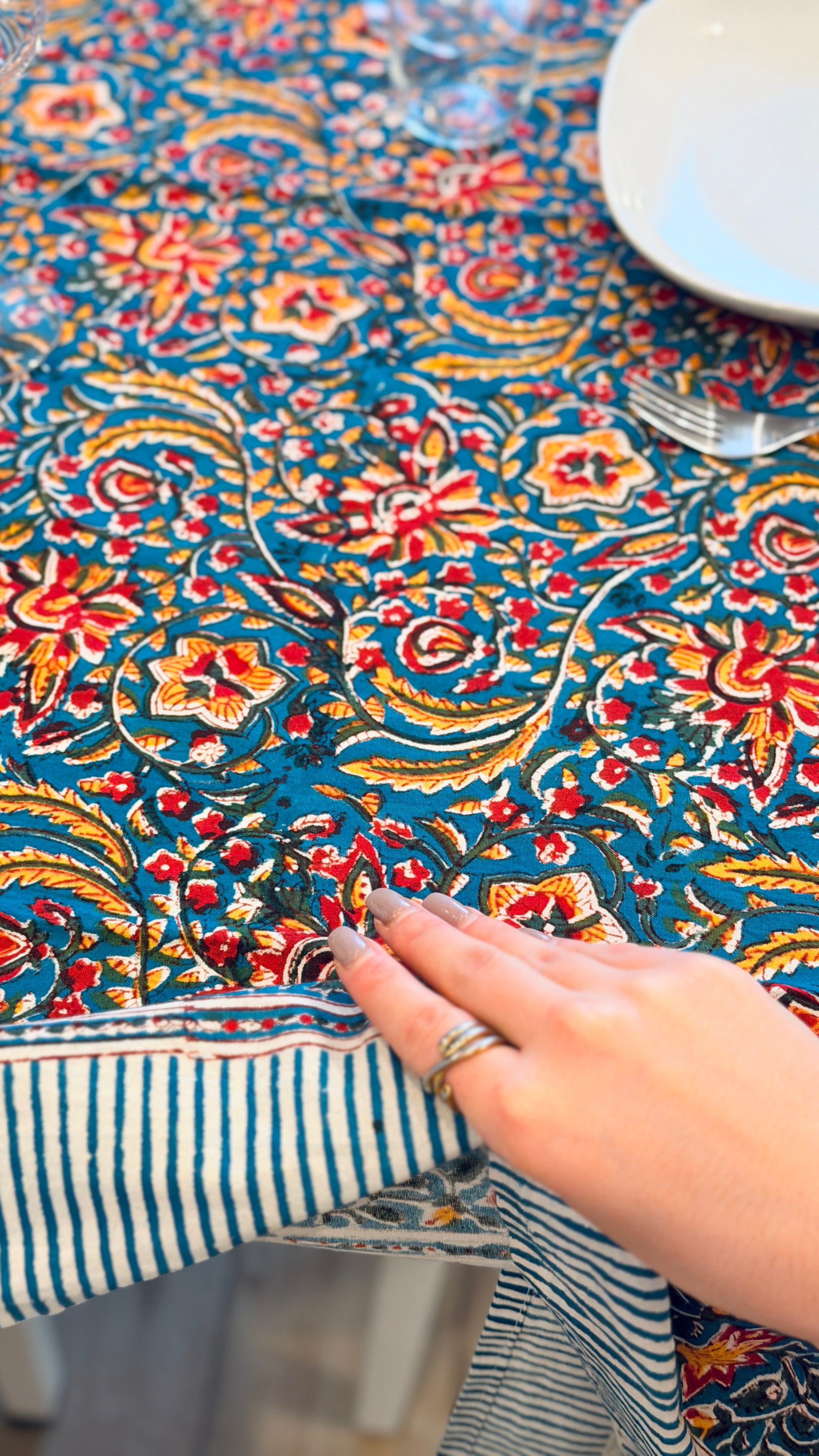 Hand-printed teal blue block print cotton tablecloth 150x220cm (60x87 inches): vibrant floral pattern with multi-layered decorative border and striped trim.