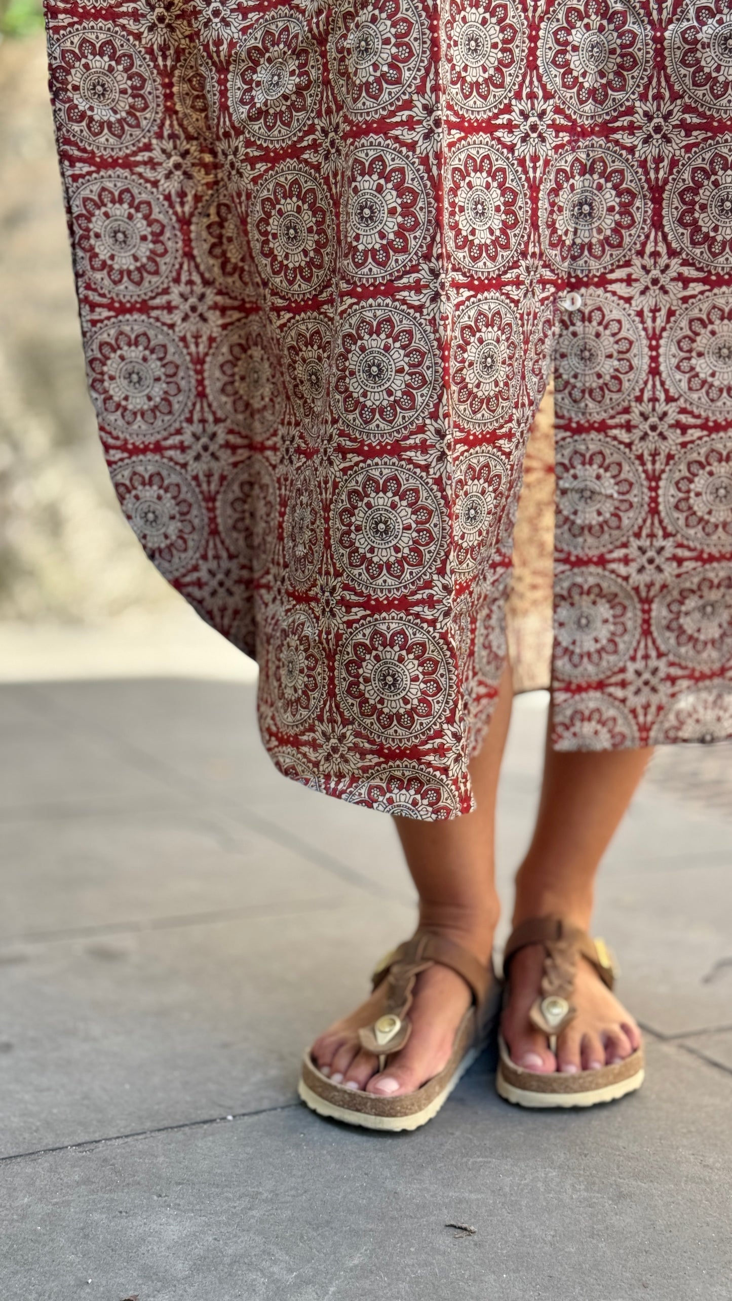 Caftano in Cotone Indiano Beige e Rosso con Stampa Block Print Geometrica – Eleganza Free Size