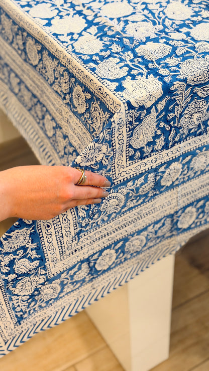 Hand-printed navy indigo and powder blue block print cotton tablecloth 150x220cm (60x87 inches): intricate floral and paisley pattern with multi-layered decorative border.