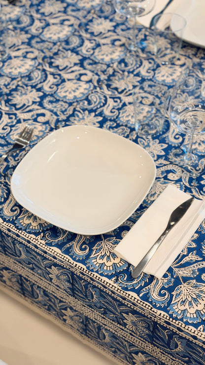 Hand-printed indigo blue block print cotton tablecloth 150x220cm (60x87 inches): intricate floral and paisley pattern with geometric decorative border.