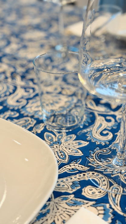 Hand-printed indigo blue block print cotton tablecloth 150x220cm (60x87 inches): intricate floral and paisley pattern with geometric decorative border.