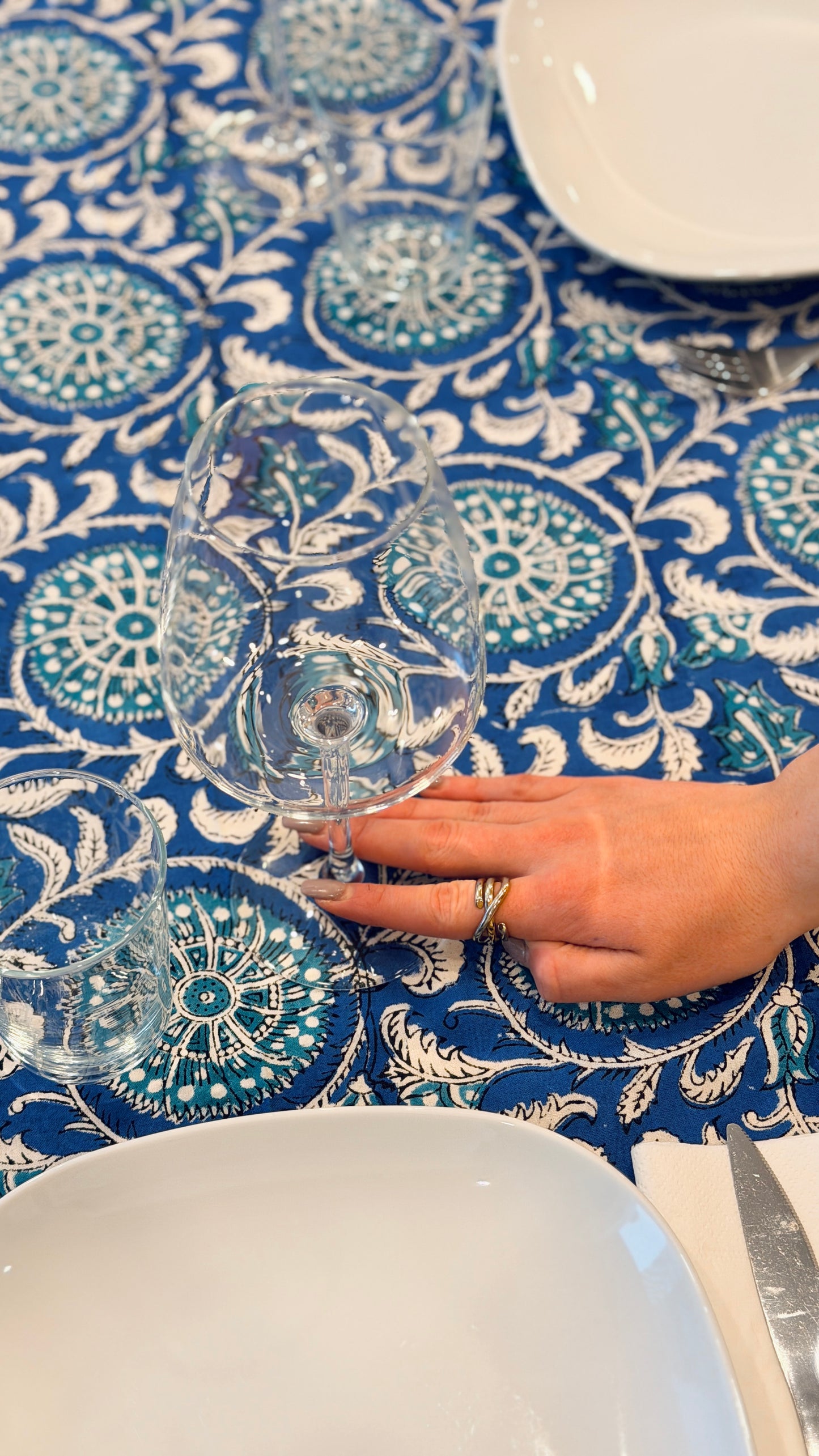Hand-printed cobalt blue and turquoise mandala block print cotton tablecloth 150x220cm (60x87 inches): intricate circular pattern with multi-layered floral border.