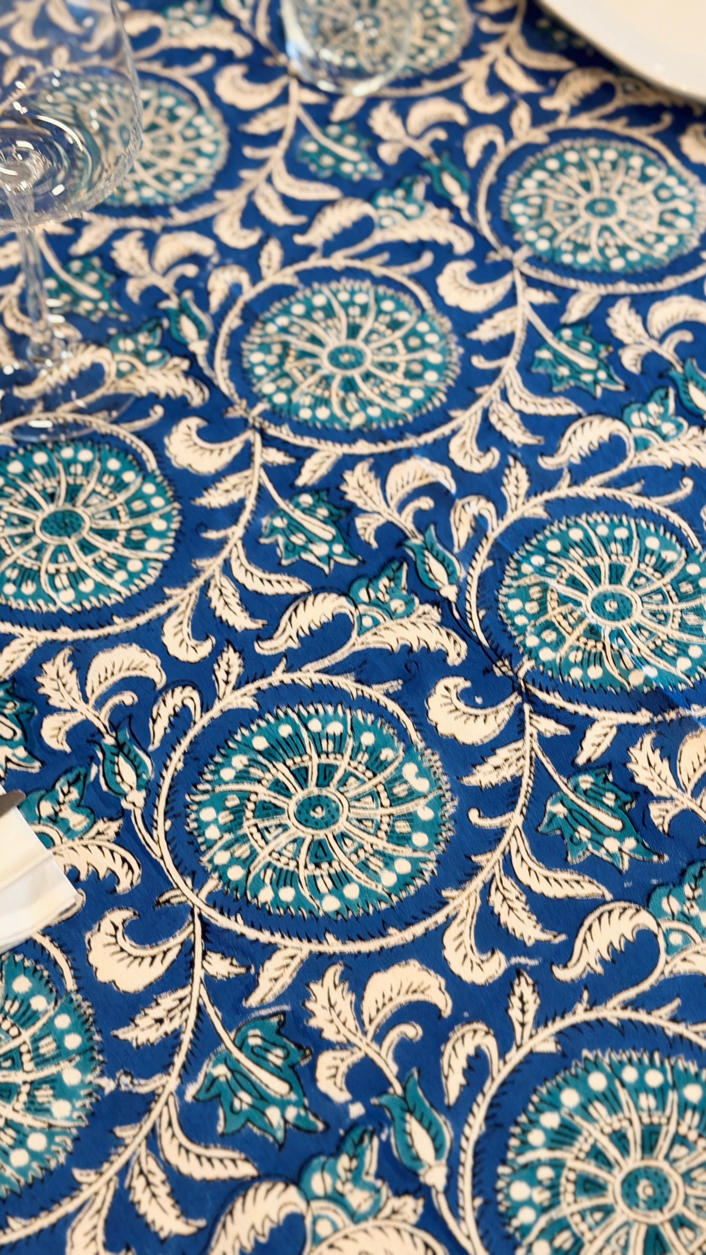 Hand-printed cobalt blue and turquoise mandala block print cotton tablecloth 150x220cm (60x87 inches): intricate circular pattern with multi-layered floral border.