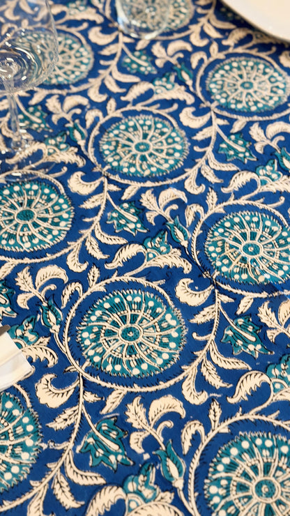 Hand-printed cobalt blue and turquoise mandala block print cotton tablecloth 150x220cm (60x87 inches): intricate circular pattern with multi-layered floral border.