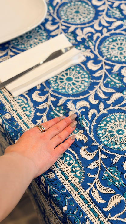 Hand-printed cobalt blue and turquoise mandala block print cotton tablecloth 150x220cm (60x87 inches): intricate circular pattern with multi-layered floral border.