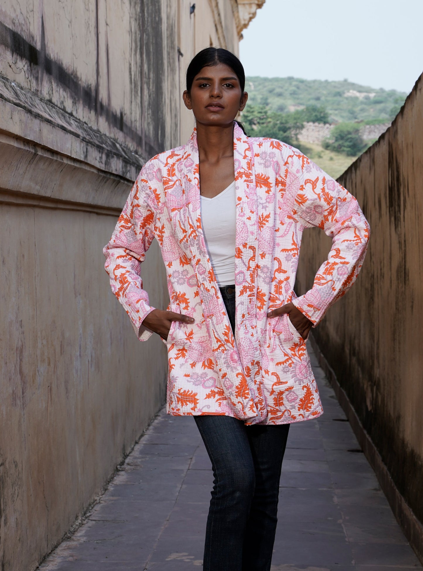 Quilted women's cotton kimono jacket with floral design