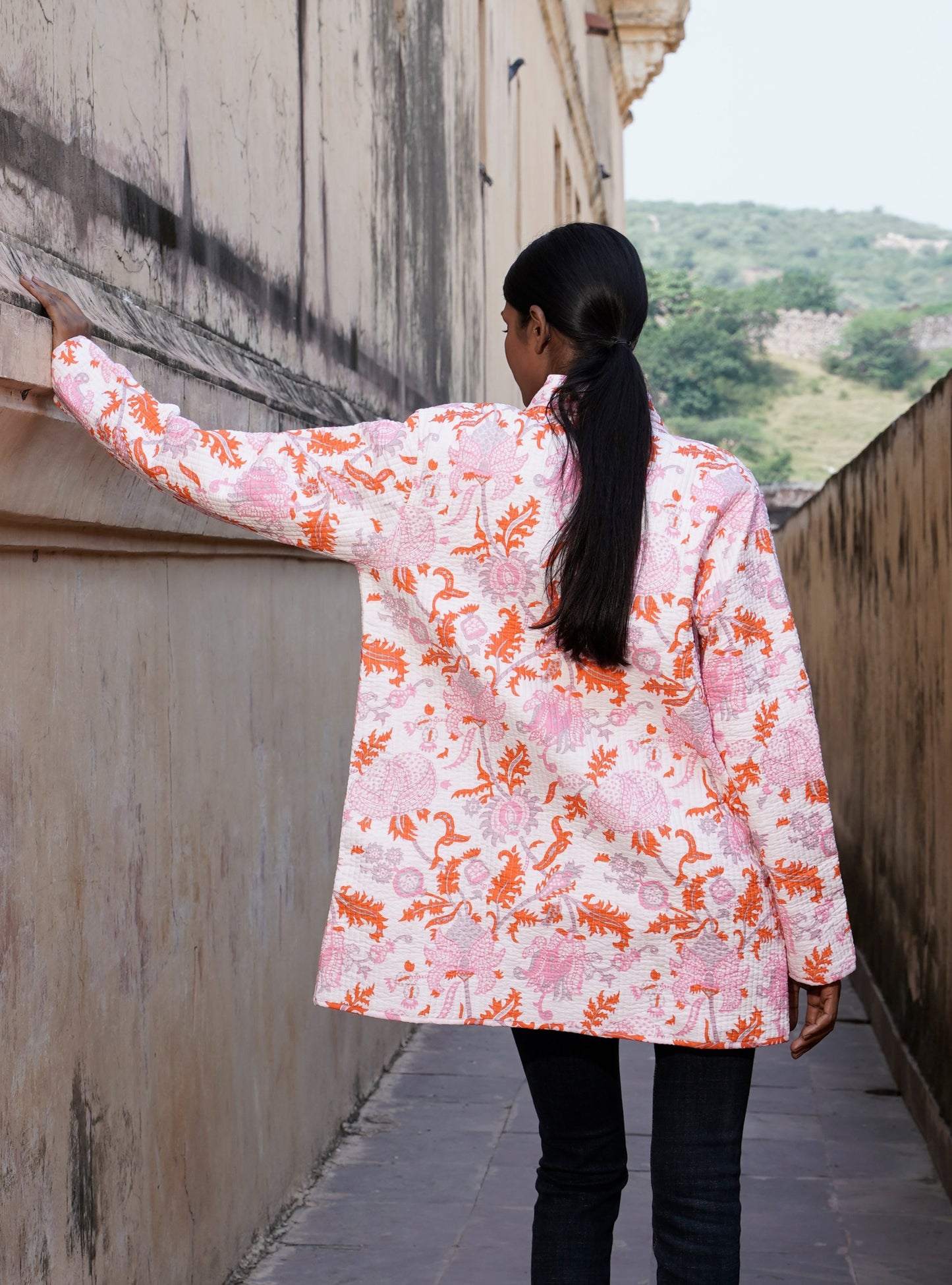 Quilted women's cotton kimono jacket with floral design