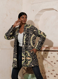 Quilted women's cotton kimono jacket with ikat patterned print