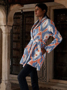 Quilted women's cotton kimono jacket with ikat design and pastel colors