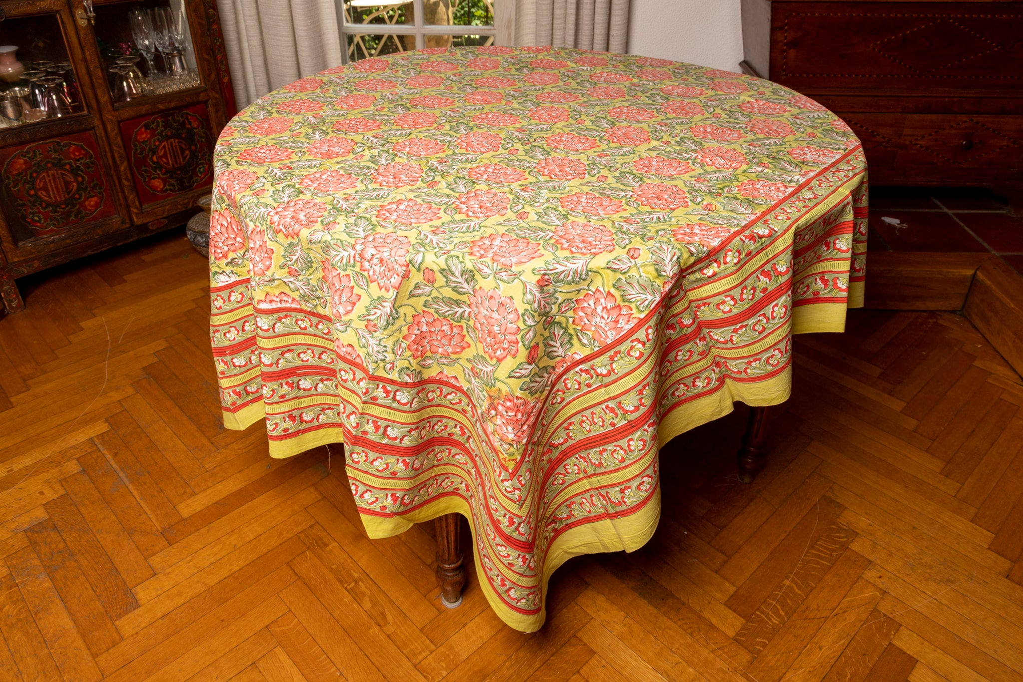 Cotton tablecloth with block print floral design 240x280 cm