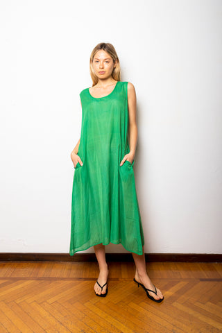 Women's sleeveless long dress in hand-spun cotton created on a manual loom - KALU024