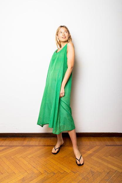 Women's sleeveless long dress in hand-spun cotton created on a manual loom - KALU024