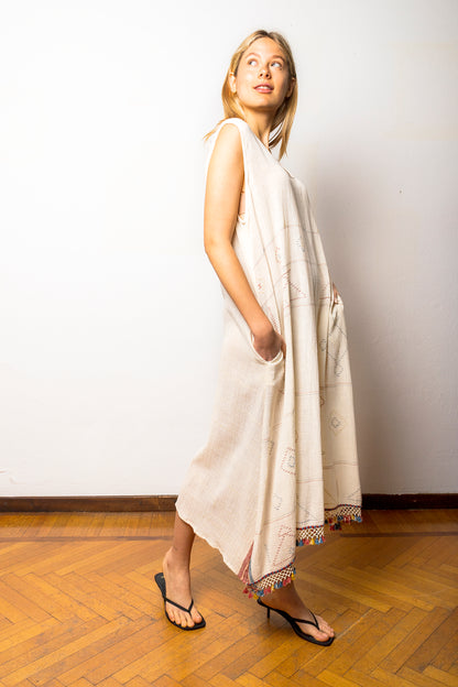 Women's sleeveless long dress in hand-spun cotton created on a manual loom - KALU027