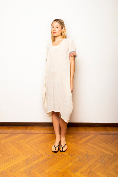Women's sleeveless long dress in hand-spun cotton created on a manual loom - KALU028