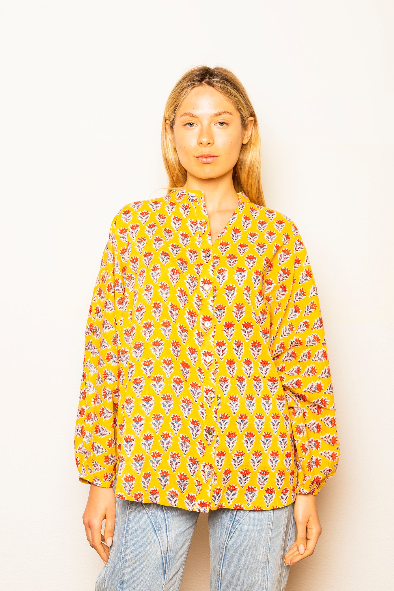Camicia da donna di cotone indiano stampata a mano - 23MA026