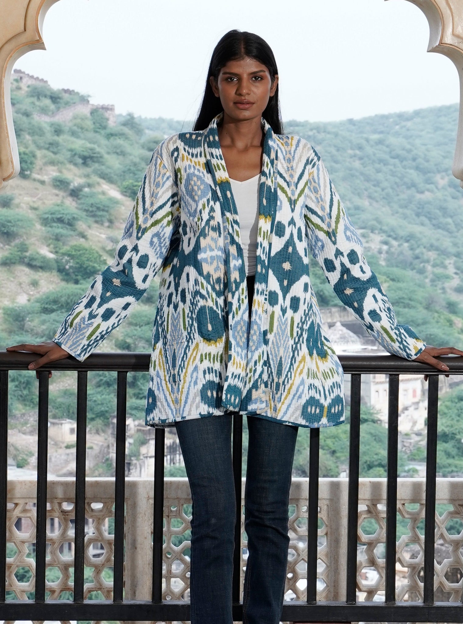 Quilted women's cotton kimono jacket with IKAT design