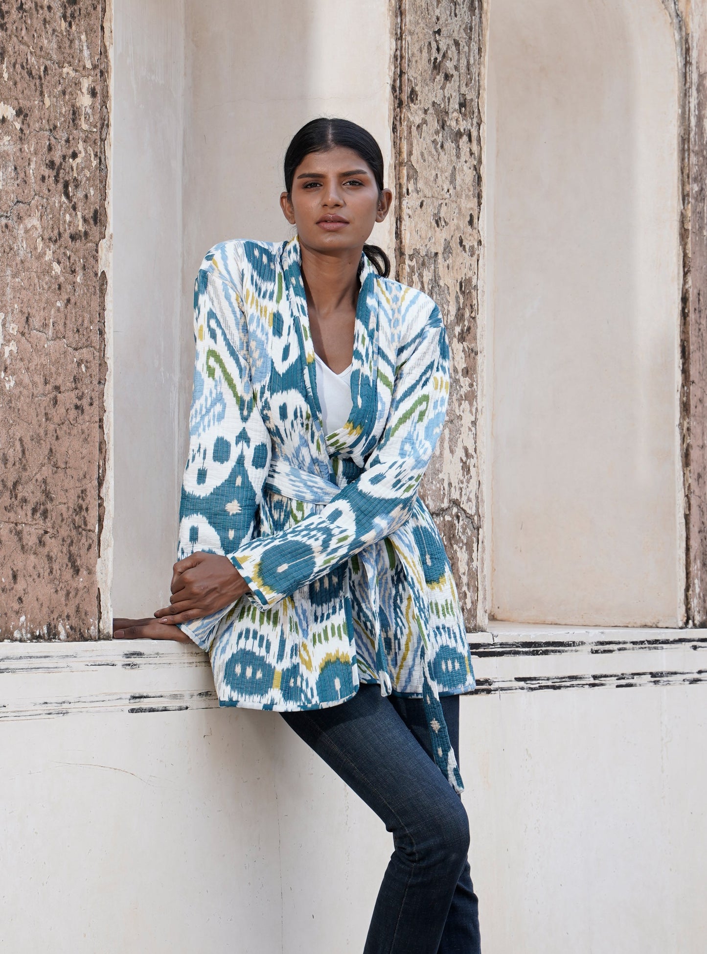 Quilted women's cotton kimono jacket with IKAT design