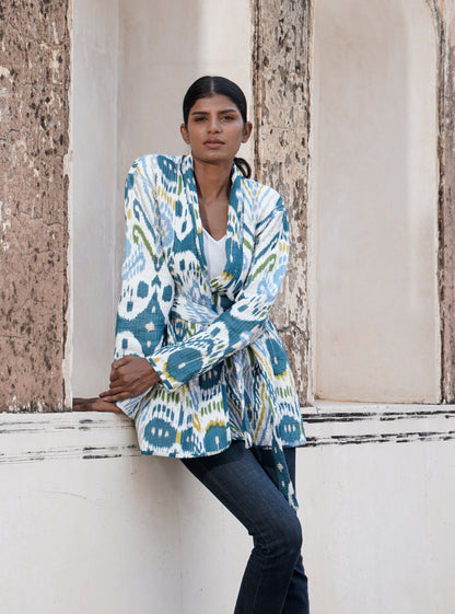 Quilted women's cotton kimono jacket with IKAT design