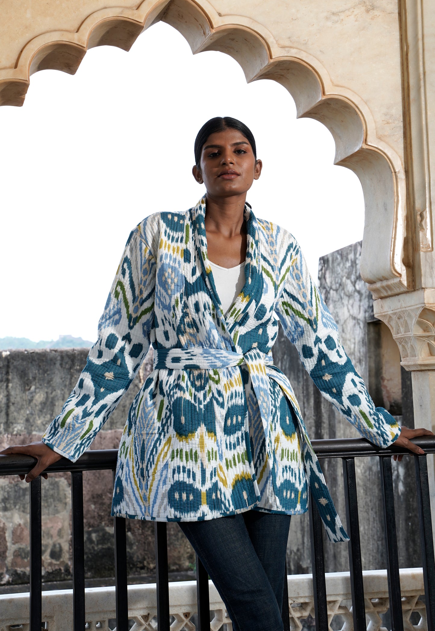 Quilted women's cotton kimono jacket with IKAT design