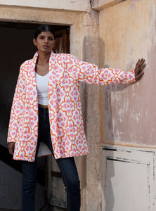 Quilted women's cotton kimono jacket with geometric design