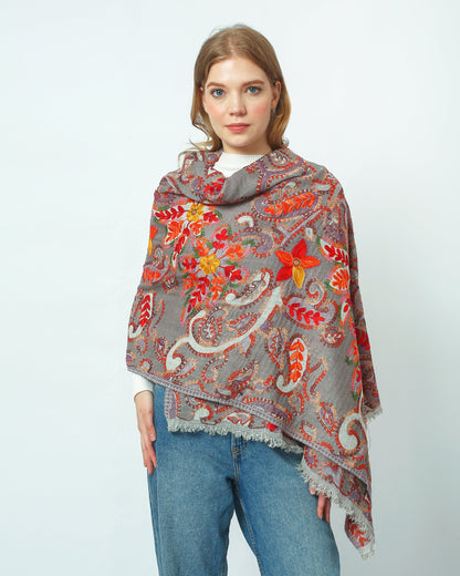 Jacquard wool shawl with embroidery - ASHAAN