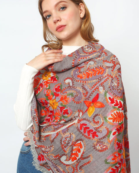 Jacquard wool shawl with embroidery - ASHAAN