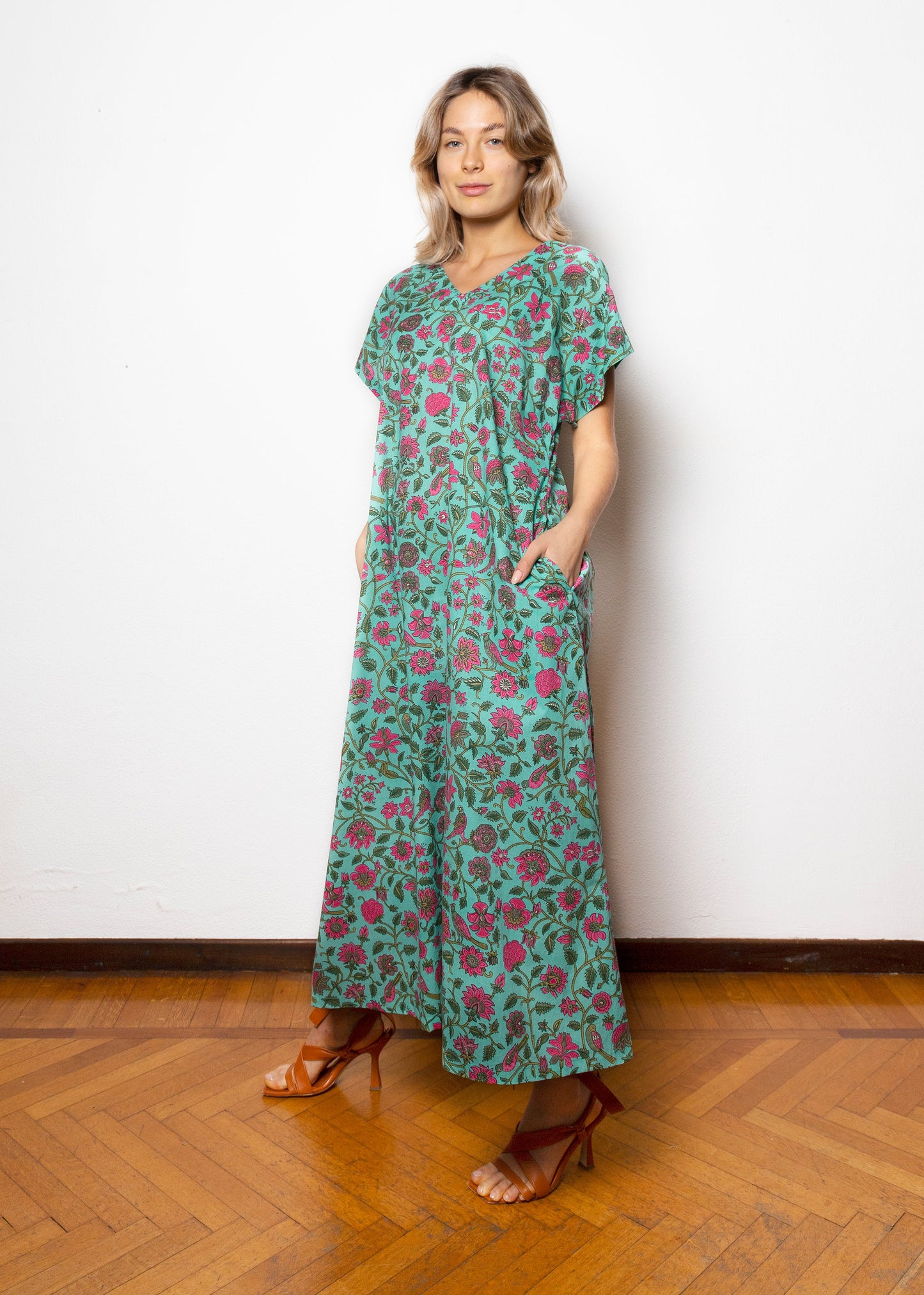 Long light blue cotton dress with pink floral print - BACHRA002