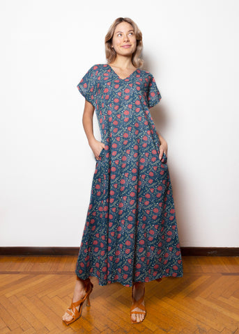 Long blue cotton dress with floral print - ADRIEL001