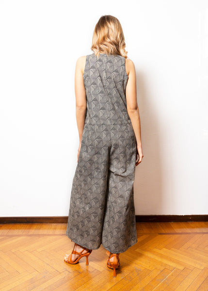 Black and Beige sleeveless cotton jumpsuit dress with geometric print - MANIK006