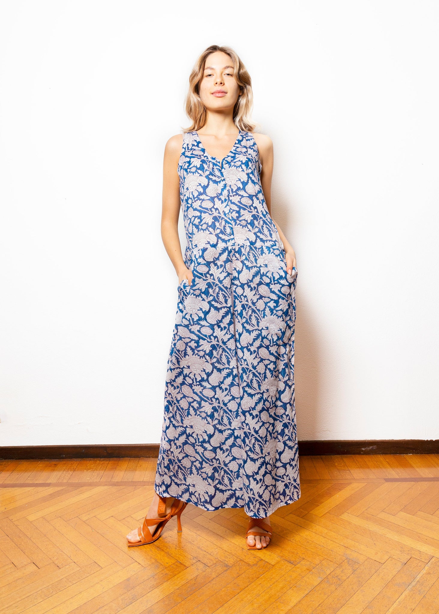 Blue and white sleeveless cotton jumpsuit dress with floral print - NAKSH007