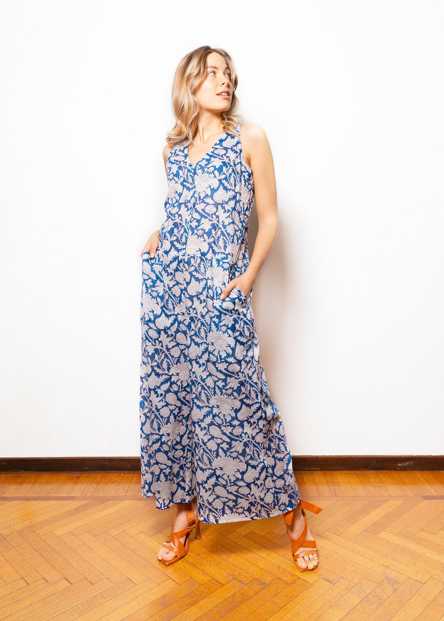 Blue and white sleeveless cotton jumpsuit dress with floral print - NAKSH007
