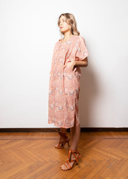 Caftan dress in cotton with Indian floral print - RAVI009