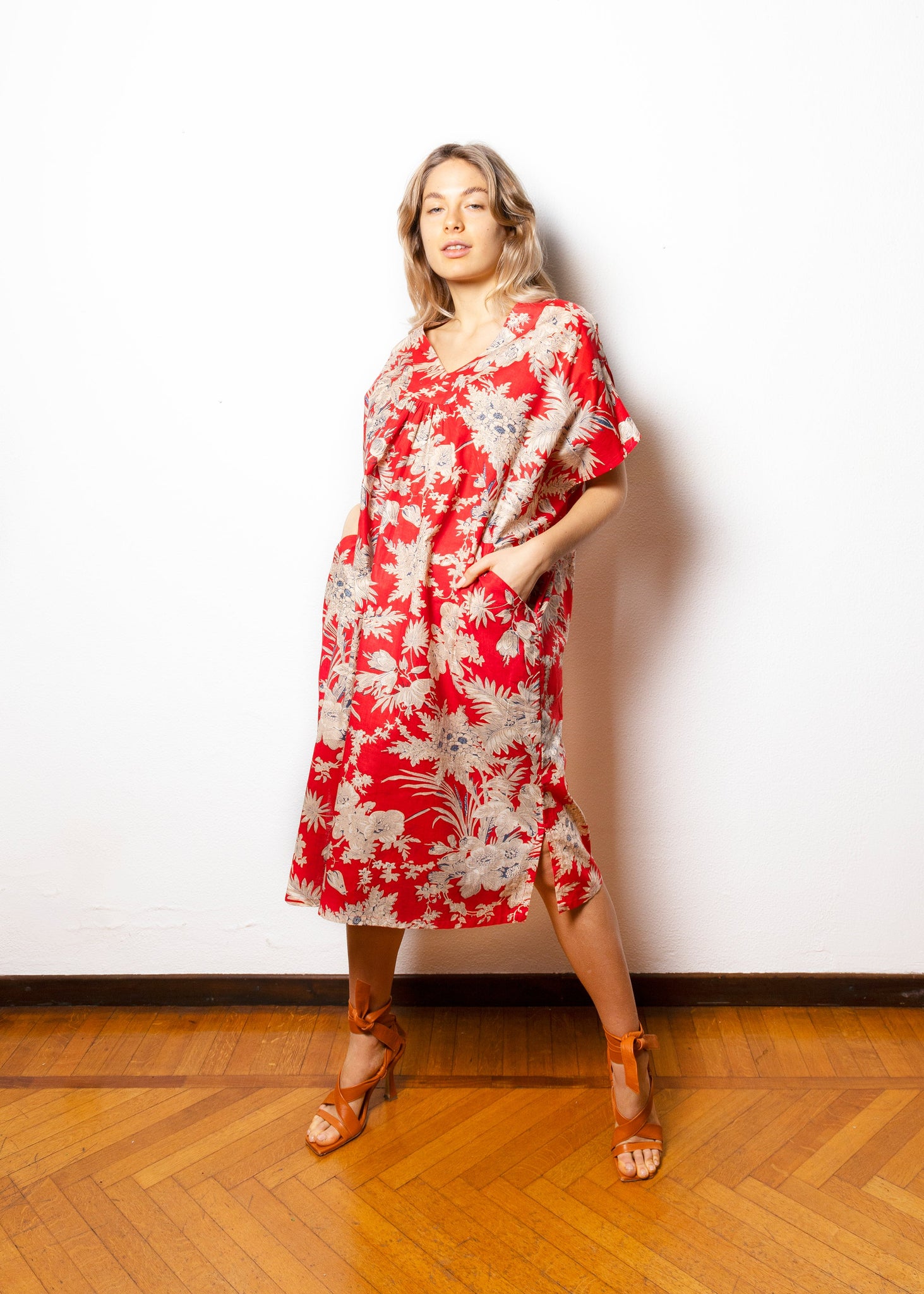 Caftan dress in red cotton - RISHI010