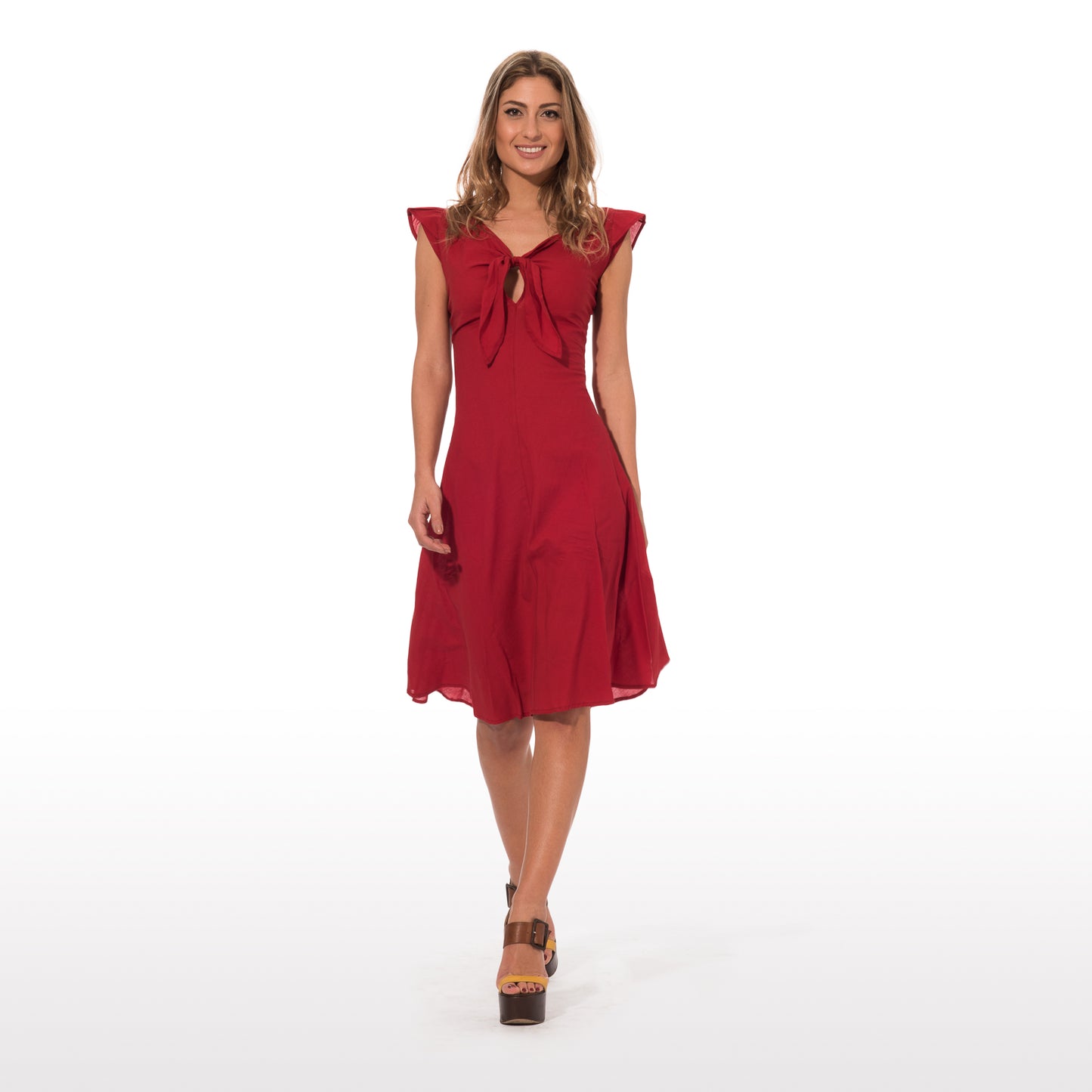 Elegant Cotton Summer Dress In Solid Color RED